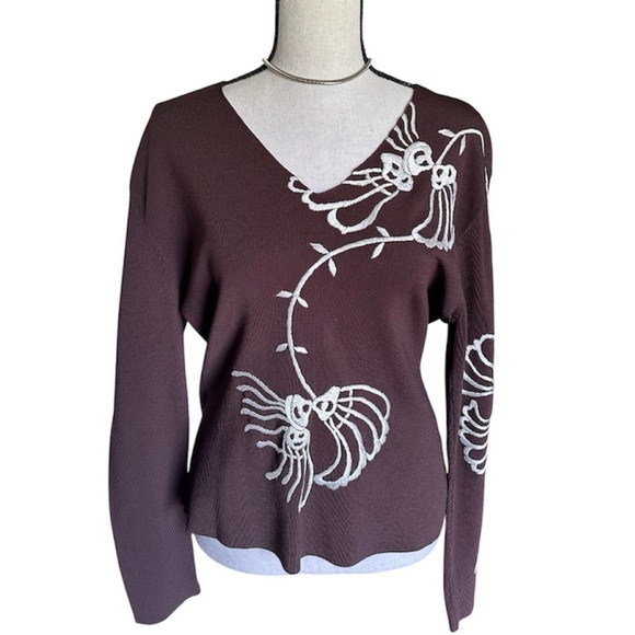 Venini Women’s Pullover Embroidered Floral Brown Long Sleeve Sweater, Size Large - Picture 1 of 4
